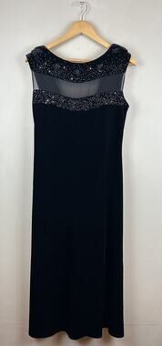 Vtg Black Velvet Maxi Dress Whimsigoth Back Cowl Sz 12 J.R. Nites Caliendo Sheer